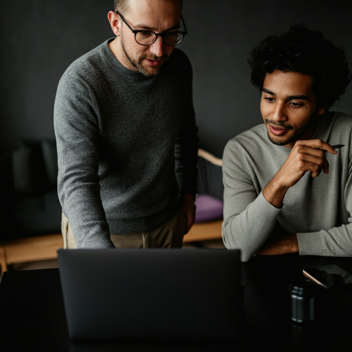 Two colleagues reviewing work together on a laptop