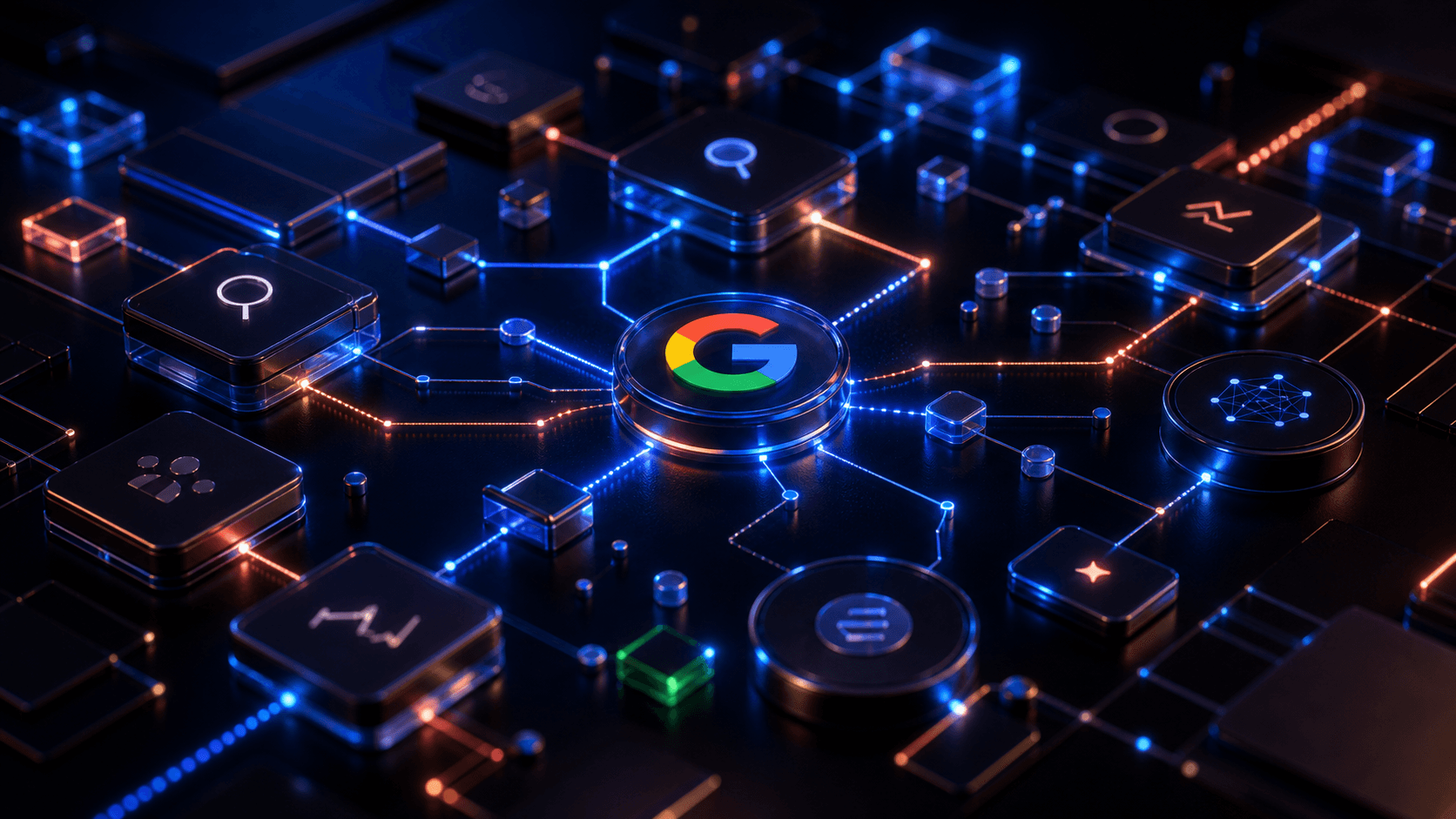 Connected search signals shown as a blue and orange digital network